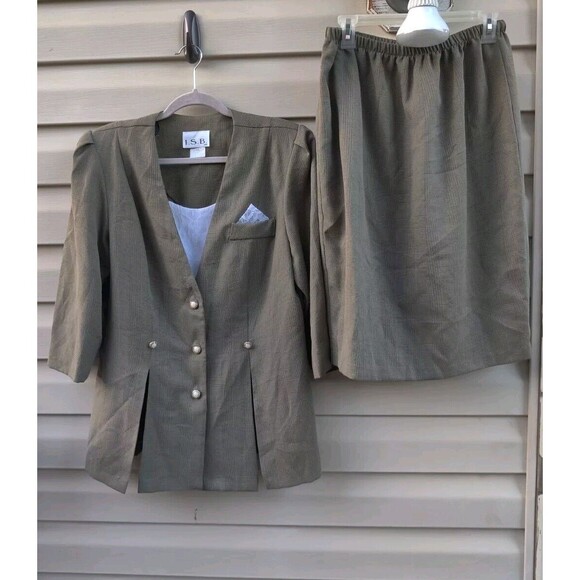 Vintage I.S.B. Inc Womens Skirt Suit Size 16 Blazer Gray Plaid Lace 2 Piece Set - Picture 2 of 16